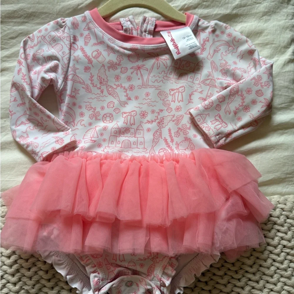 Ruffle Butts Pink Tulle Tutu Long sleeve swimsuit 12-18m